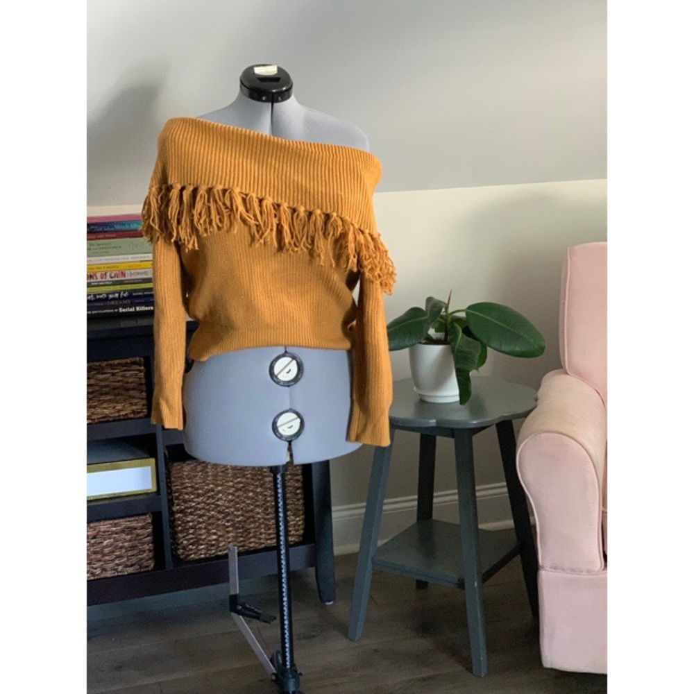 Mustard Off Shoulder Fringe Sweater